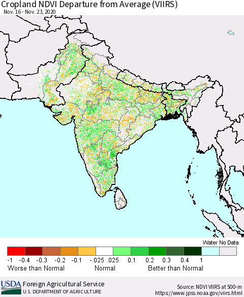 Southern Asia Cropland NDVI Departure from Average (VIIRS) Thematic Map For 11/21/2020 - 11/30/2020
