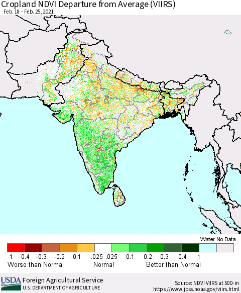 Southern Asia Cropland NDVI Departure from Average (VIIRS) Thematic Map For 2/21/2021 - 2/28/2021