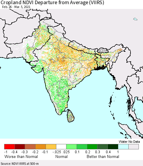 Southern Asia Cropland NDVI Departure from Average (VIIRS) Thematic Map For 2/26/2021 - 3/5/2021