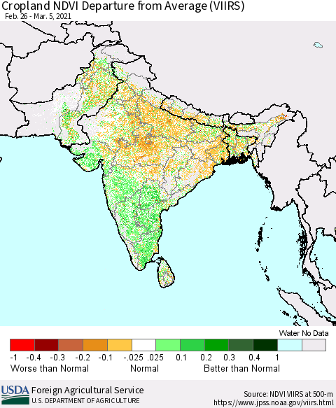 Southern Asia Cropland NDVI Departure from Average (VIIRS) Thematic Map For 3/1/2021 - 3/10/2021