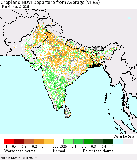 Southern Asia Cropland NDVI Departure from Average (VIIRS) Thematic Map For 3/6/2021 - 3/13/2021