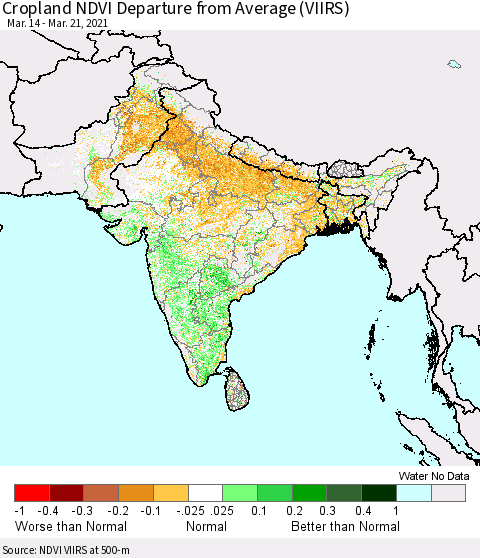 Southern Asia Cropland NDVI Departure from Average (VIIRS) Thematic Map For 3/14/2021 - 3/21/2021