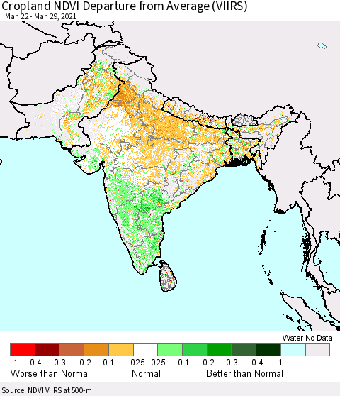 Southern Asia Cropland NDVI Departure from Average (VIIRS) Thematic Map For 3/22/2021 - 3/29/2021