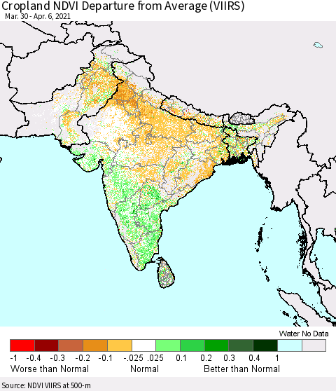 Southern Asia Cropland NDVI Departure from Average (VIIRS) Thematic Map For 3/30/2021 - 4/6/2021