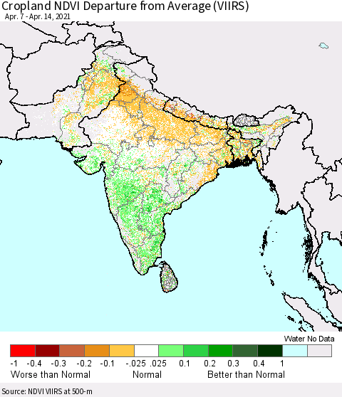 Southern Asia Cropland NDVI Departure from Average (VIIRS) Thematic Map For 4/7/2021 - 4/14/2021