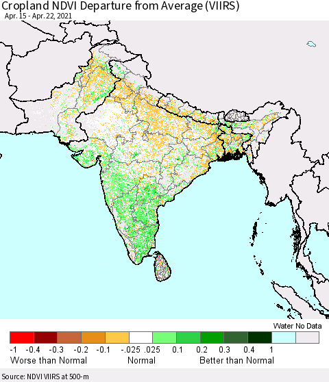 Southern Asia Cropland NDVI Departure from Average (VIIRS) Thematic Map For 4/15/2021 - 4/22/2021