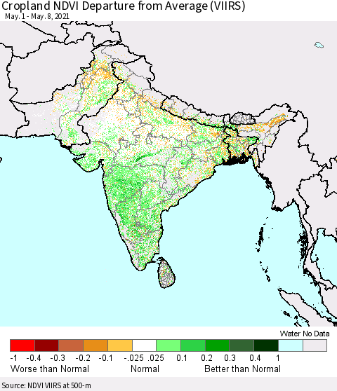 Southern Asia Cropland NDVI Departure from Average (VIIRS) Thematic Map For 5/1/2021 - 5/8/2021