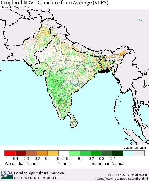 Southern Asia Cropland NDVI Departure from Average (VIIRS) Thematic Map For 5/1/2021 - 5/10/2021