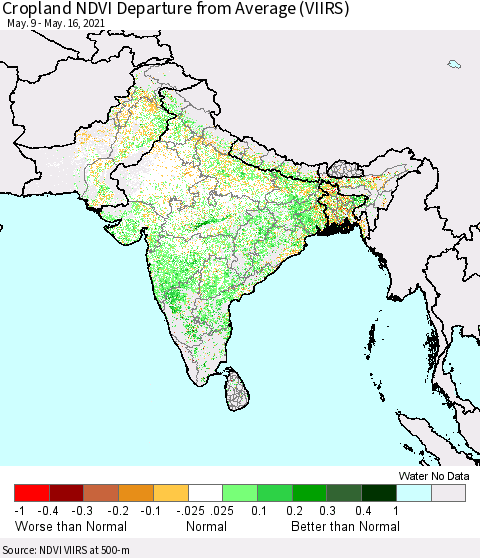 Southern Asia Cropland NDVI Departure from Average (VIIRS) Thematic Map For 5/9/2021 - 5/16/2021