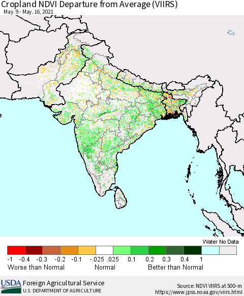 Southern Asia Cropland NDVI Departure from Average (VIIRS) Thematic Map For 5/11/2021 - 5/20/2021