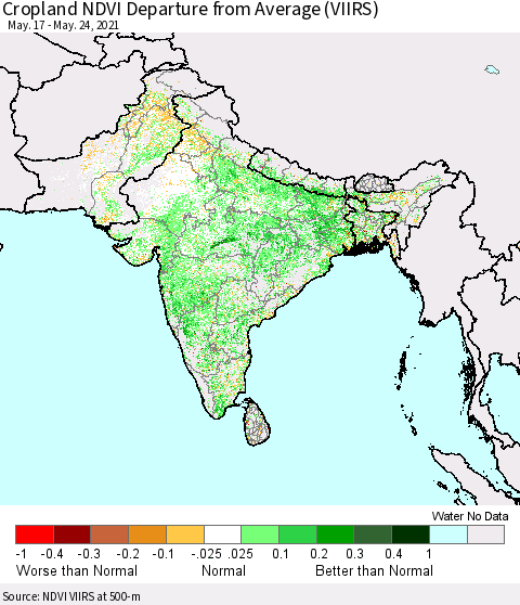 Southern Asia Cropland NDVI Departure from Average (VIIRS) Thematic Map For 5/17/2021 - 5/24/2021