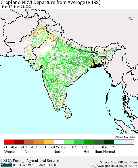 Southern Asia Cropland NDVI Departure from Average (VIIRS) Thematic Map For 5/21/2021 - 5/31/2021