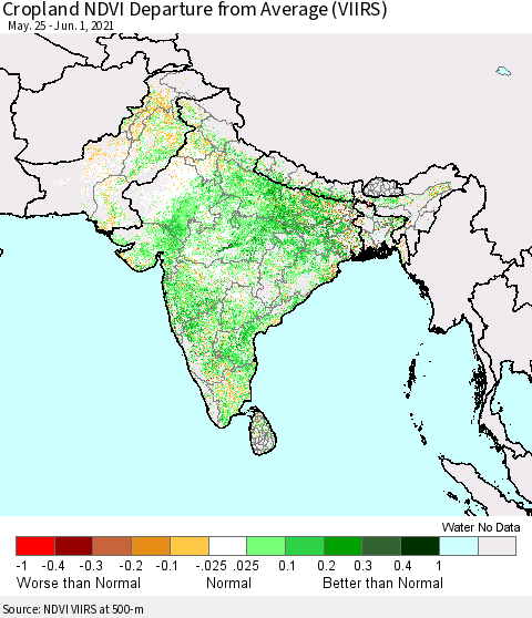 Southern Asia Cropland NDVI Departure from Average (VIIRS) Thematic Map For 5/25/2021 - 6/1/2021
