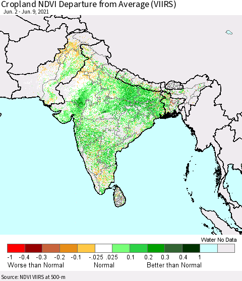 Southern Asia Cropland NDVI Departure from Average (VIIRS) Thematic Map For 6/2/2021 - 6/9/2021
