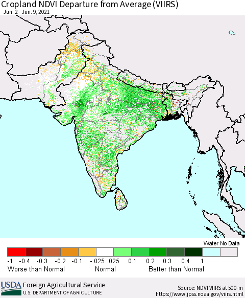 Southern Asia Cropland NDVI Departure from Average (VIIRS) Thematic Map For 6/1/2021 - 6/10/2021