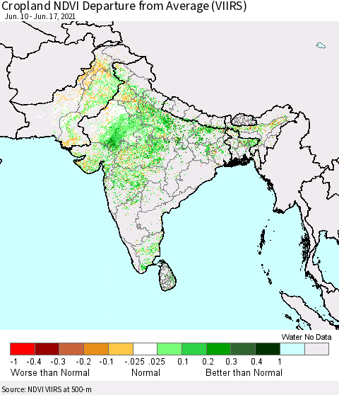 Southern Asia Cropland NDVI Departure from Average (VIIRS) Thematic Map For 6/10/2021 - 6/17/2021