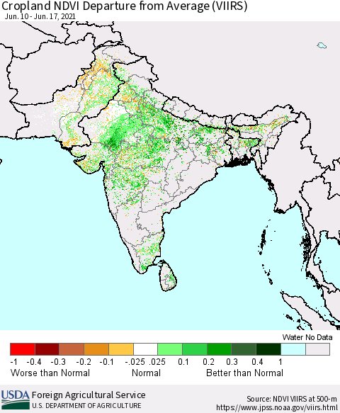 Southern Asia Cropland NDVI Departure from Average (VIIRS) Thematic Map For 6/11/2021 - 6/20/2021