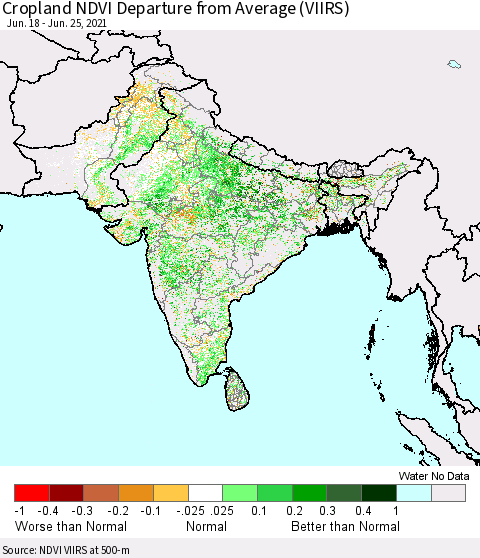 Southern Asia Cropland NDVI Departure from Average (VIIRS) Thematic Map For 6/18/2021 - 6/25/2021