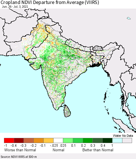 Southern Asia Cropland NDVI Departure from Average (VIIRS) Thematic Map For 6/26/2021 - 7/3/2021