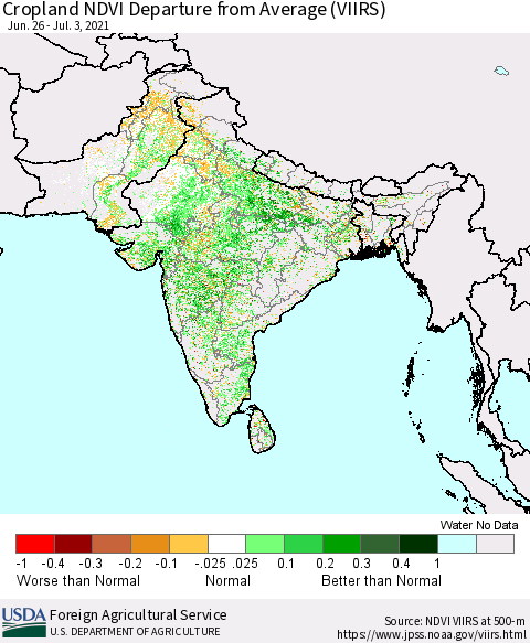 Southern Asia Cropland NDVI Departure from Average (VIIRS) Thematic Map For 7/1/2021 - 7/10/2021