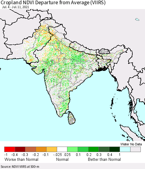 Southern Asia Cropland NDVI Departure from Average (VIIRS) Thematic Map For 7/4/2021 - 7/11/2021