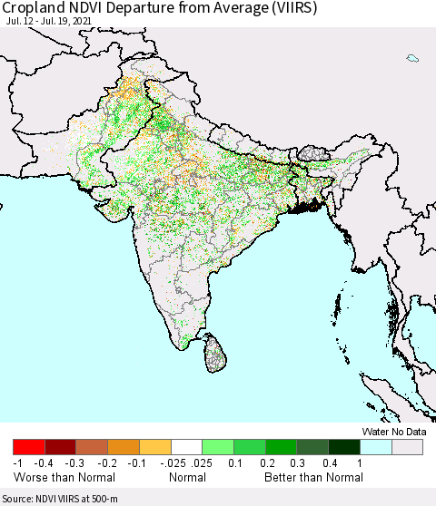 Southern Asia Cropland NDVI Departure from Average (VIIRS) Thematic Map For 7/12/2021 - 7/19/2021