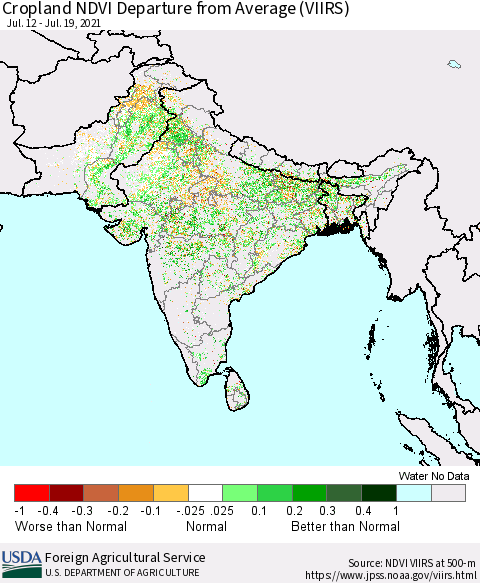 Southern Asia Cropland NDVI Departure from Average (VIIRS) Thematic Map For 7/11/2021 - 7/20/2021