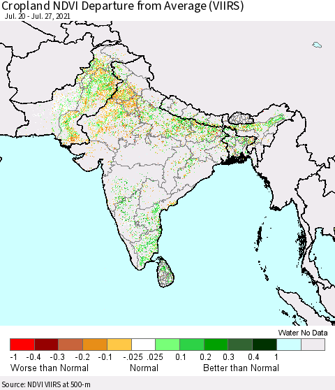 Southern Asia Cropland NDVI Departure from Average (VIIRS) Thematic Map For 7/20/2021 - 7/27/2021