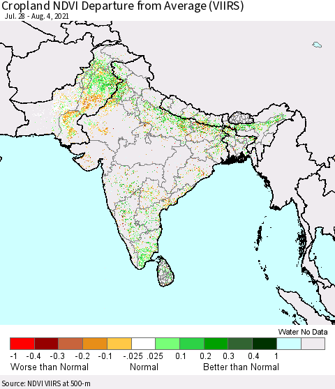 Southern Asia Cropland NDVI Departure from Average (VIIRS) Thematic Map For 7/28/2021 - 8/4/2021