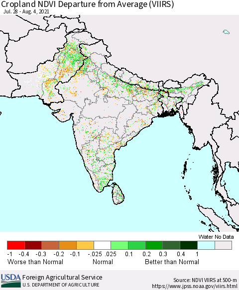 Southern Asia Cropland NDVI Departure from Average (VIIRS) Thematic Map For 8/1/2021 - 8/10/2021