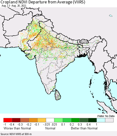 Southern Asia Cropland NDVI Departure from Average (VIIRS) Thematic Map For 8/11/2021 - 8/20/2021