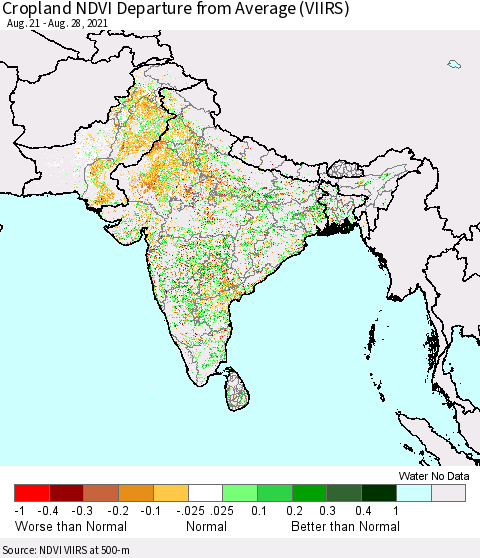 Southern Asia Cropland NDVI Departure from Average (VIIRS) Thematic Map For 8/21/2021 - 8/28/2021
