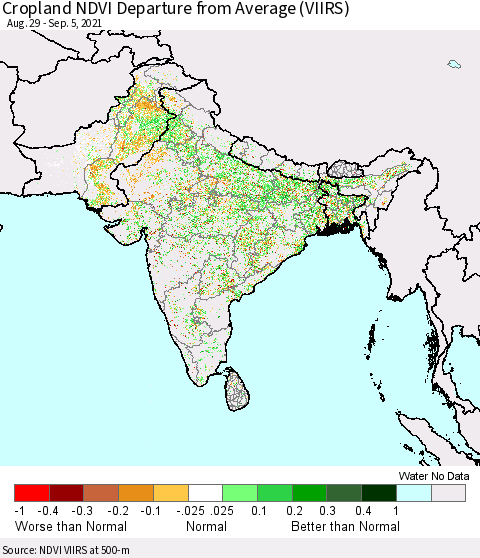 Southern Asia Cropland NDVI Departure from Average (VIIRS) Thematic Map For 8/29/2021 - 9/5/2021