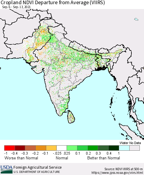 Southern Asia Cropland NDVI Departure from Average (VIIRS) Thematic Map For 9/11/2021 - 9/20/2021