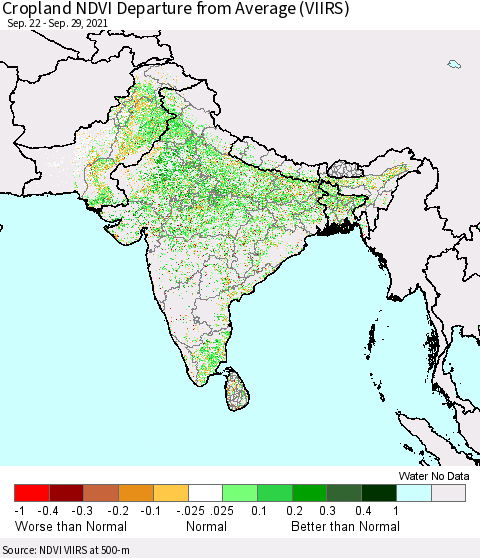Southern Asia Cropland NDVI Departure from Average (VIIRS) Thematic Map For 9/22/2021 - 9/29/2021