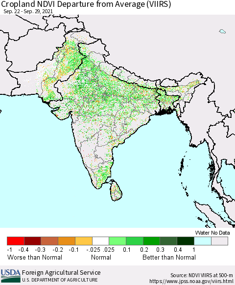 Southern Asia Cropland NDVI Departure from Average (VIIRS) Thematic Map For 9/21/2021 - 9/30/2021
