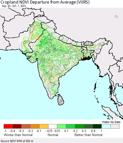 Southern Asia Cropland NDVI Departure from Average (VIIRS) Thematic Map For 9/30/2021 - 10/7/2021