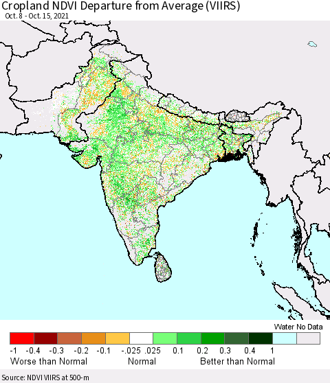 Southern Asia Cropland NDVI Departure from Average (VIIRS) Thematic Map For 10/8/2021 - 10/15/2021