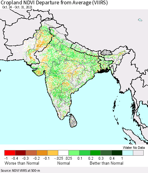 Southern Asia Cropland NDVI Departure from Average (VIIRS) Thematic Map For 10/21/2021 - 10/31/2021