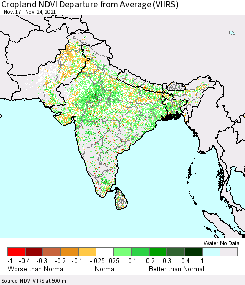 Southern Asia Cropland NDVI Departure from Average (VIIRS) Thematic Map For 11/17/2021 - 11/24/2021