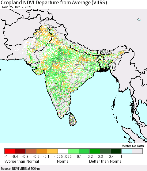 Southern Asia Cropland NDVI Departure from Average (VIIRS) Thematic Map For 11/25/2021 - 12/2/2021