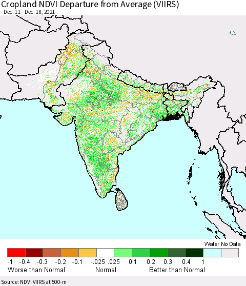 Southern Asia Cropland NDVI Departure from Average (VIIRS) Thematic Map For 12/11/2021 - 12/18/2021
