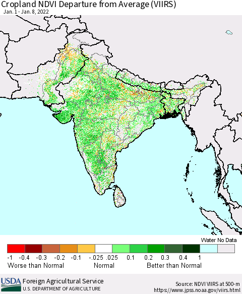 Southern Asia Cropland NDVI Departure from Average (VIIRS) Thematic Map For 1/1/2022 - 1/10/2022