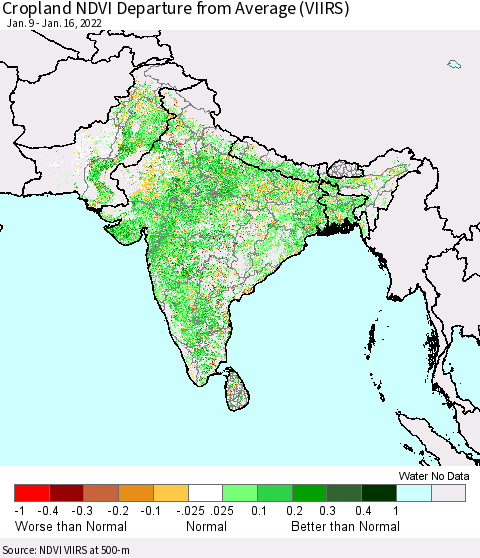 Southern Asia Cropland NDVI Departure from Average (VIIRS) Thematic Map For 1/9/2022 - 1/16/2022