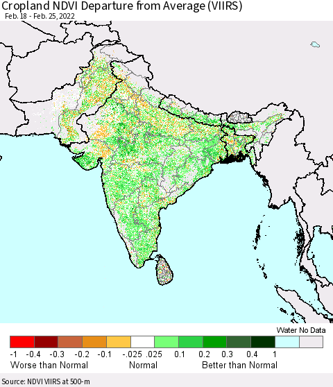 Southern Asia Cropland NDVI Departure from Average (VIIRS) Thematic Map For 2/18/2022 - 2/25/2022