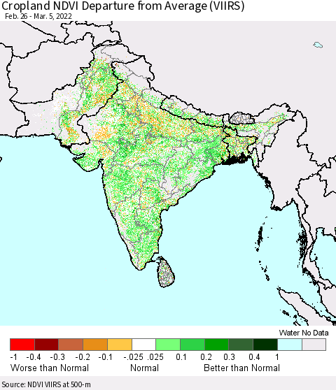 Southern Asia Cropland NDVI Departure from Average (VIIRS) Thematic Map For 2/26/2022 - 3/5/2022