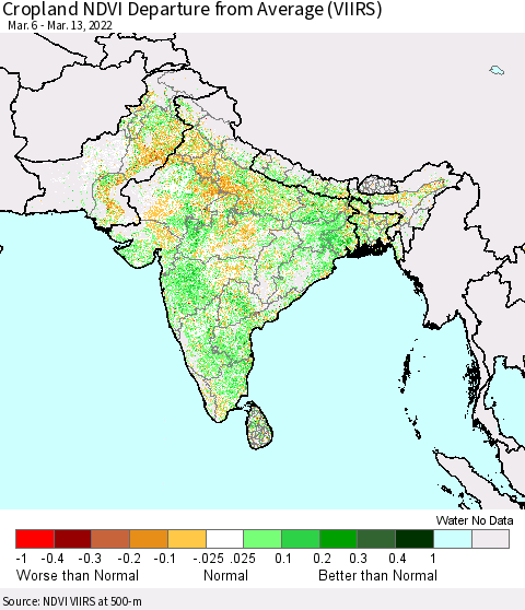 Southern Asia Cropland NDVI Departure from Average (VIIRS) Thematic Map For 3/6/2022 - 3/13/2022