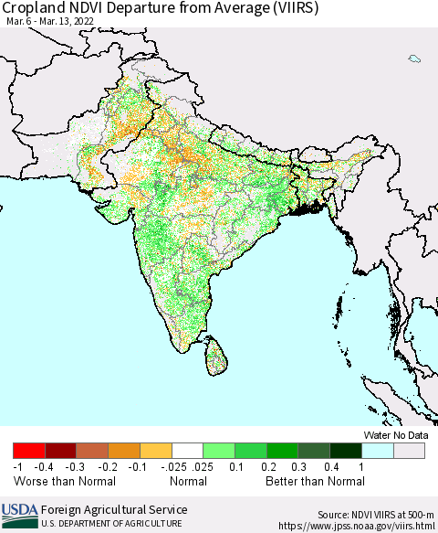 Southern Asia Cropland NDVI Departure from Average (VIIRS) Thematic Map For 3/11/2022 - 3/20/2022