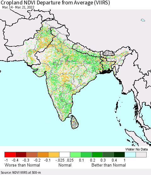 Southern Asia Cropland NDVI Departure from Average (VIIRS) Thematic Map For 3/14/2022 - 3/21/2022