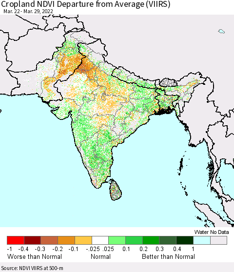 Southern Asia Cropland NDVI Departure from Average (VIIRS) Thematic Map For 3/22/2022 - 3/29/2022